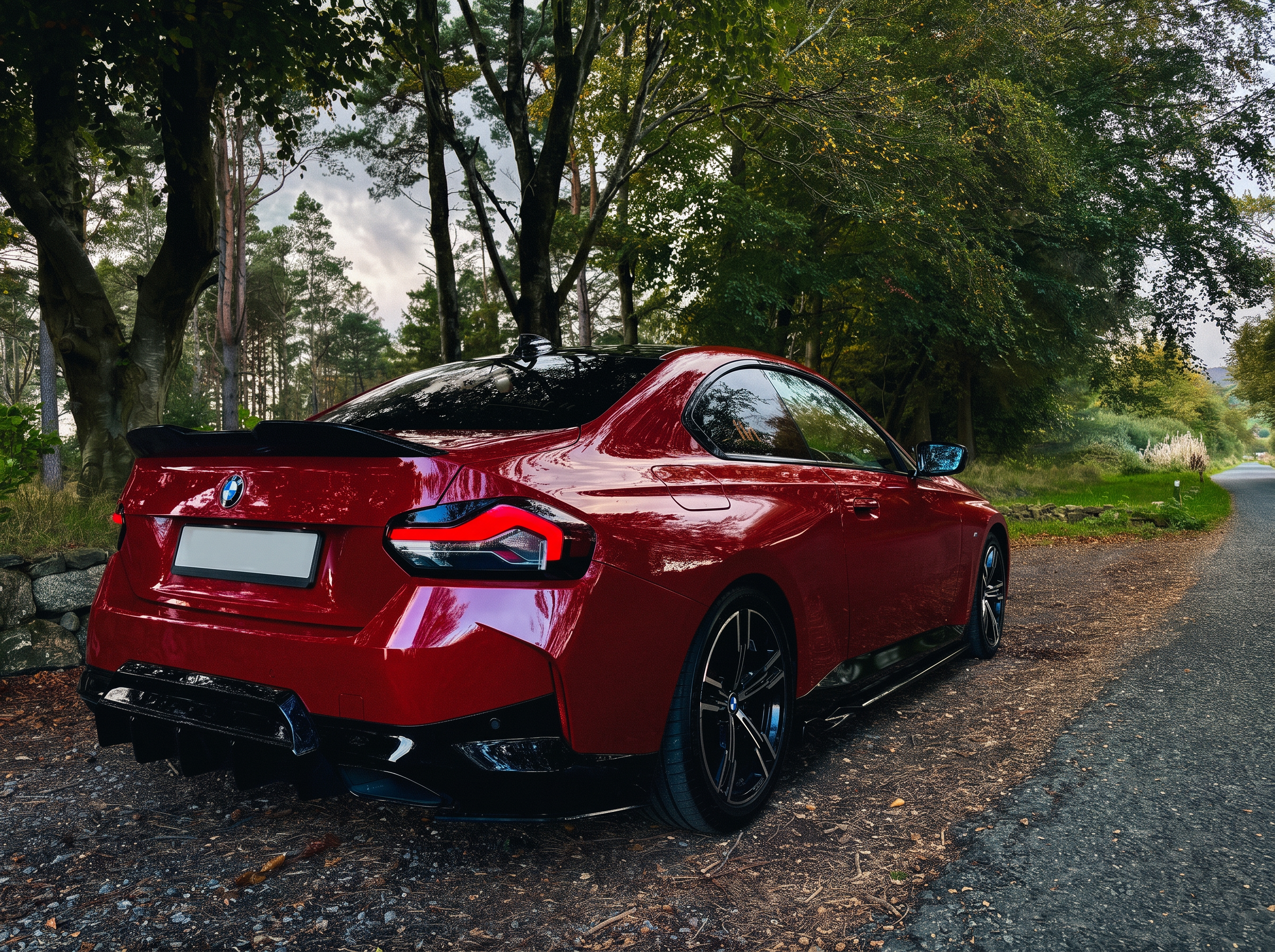 Red BMW 2 Series coupe with rear spoiler and diffuser